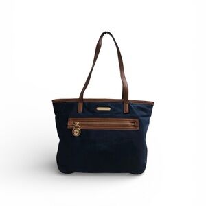 Michael Kors Kempton Navy Blue Nylon Brown Leather Tote HandBag EUC! Retail $138